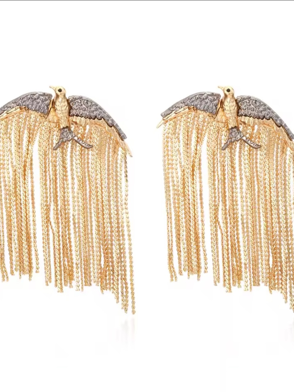 Gold and Silver Bird Fringe Statement Earrings
